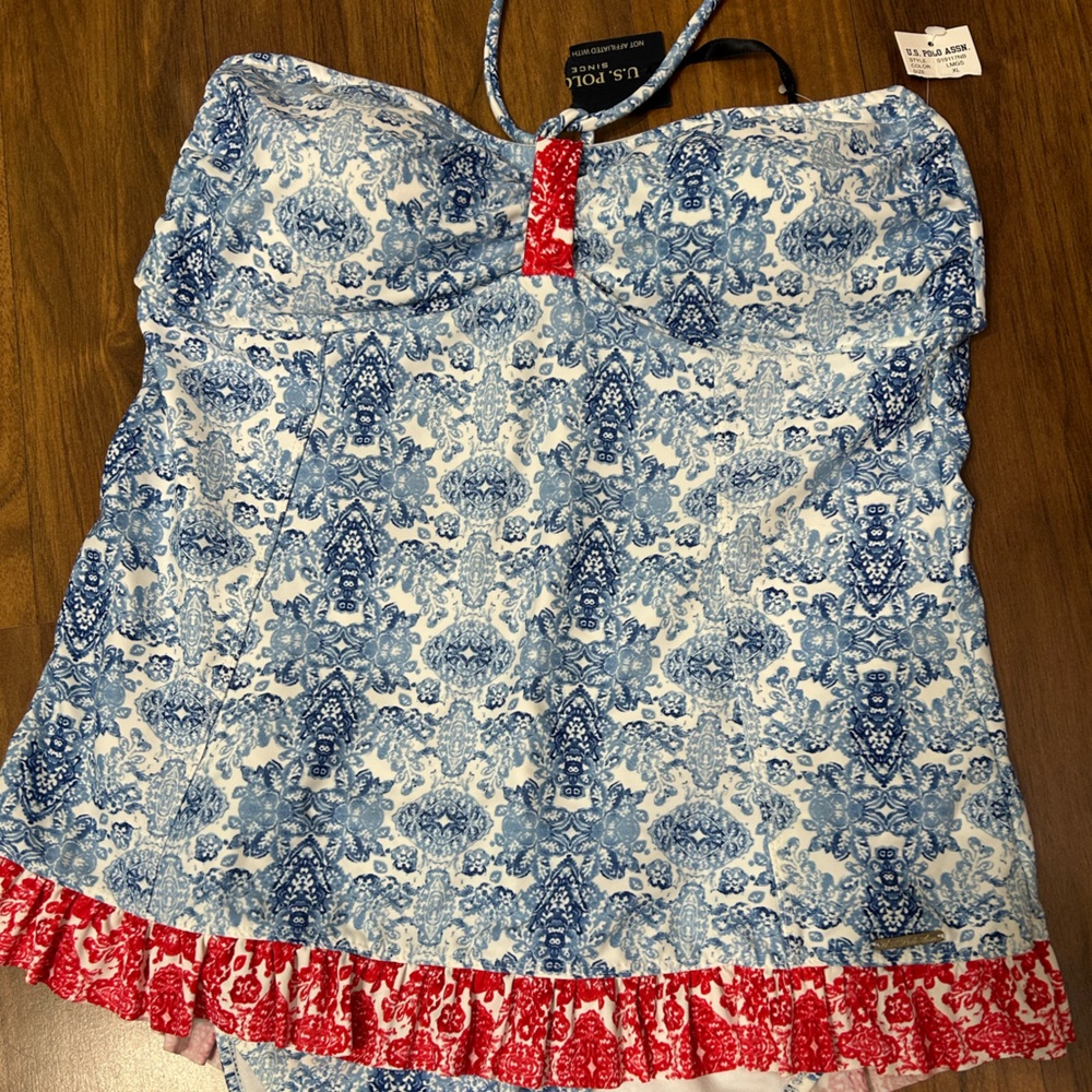 U.S. Polo Women's Clue Blue White Print One Piece Swimsuit Size XL